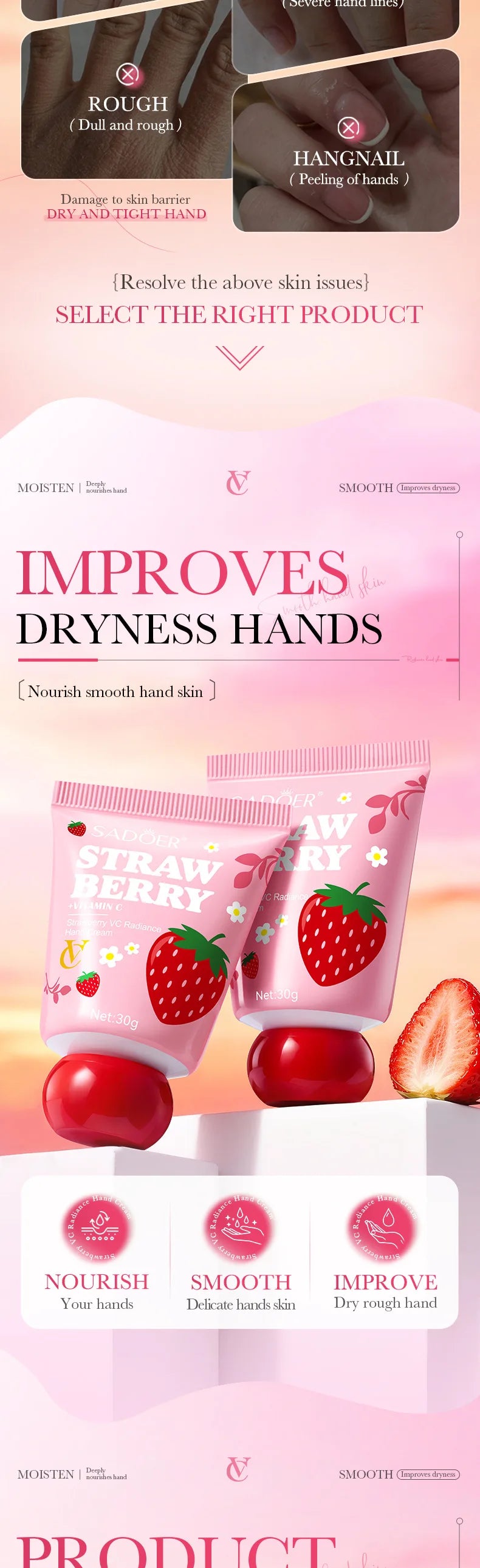 Strawberry VC Hand Cream - 30g Brightening Moisturizer for Winter, Repairs Dry Cracked Skin, Lightweight Fast Absorbing Formula