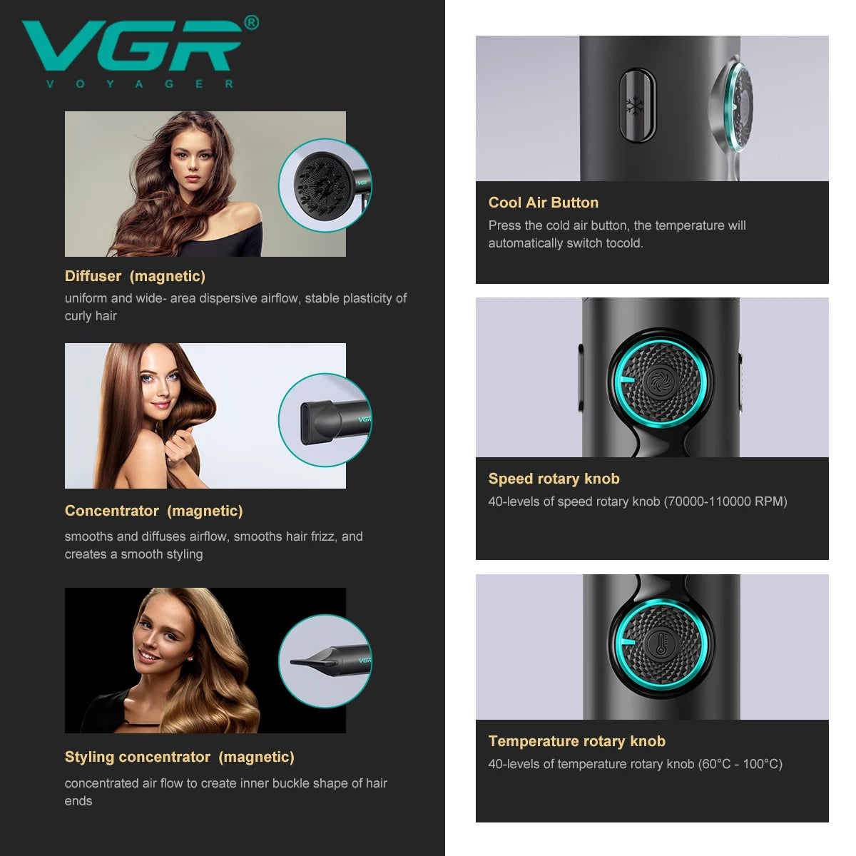 VGR Hair Dryer Professional Hot and Cold Adjustment 110000 RPM Blow Dryer Brushless Motor Hair Styling Blow Dryer Machine V-401