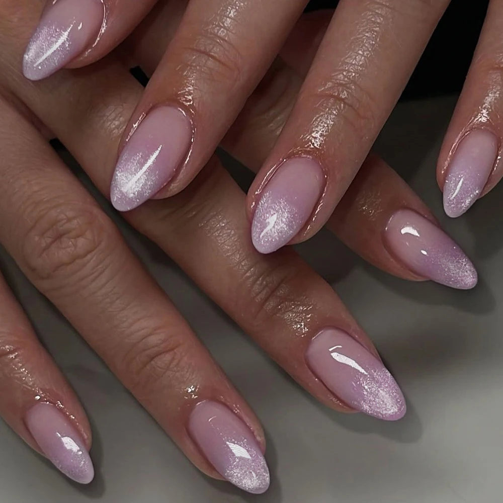 24Pcs Metallic Cat Eye French Sheer Manicure Tip Art Textured 3D Acrylic False Nails Nude Pink Almond Medium Press on Fake Nails