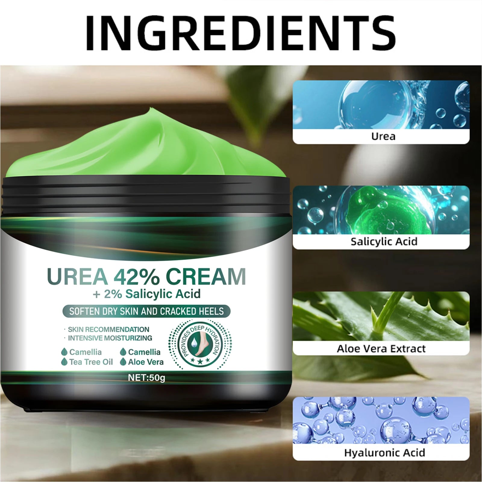 Urea 42% Foot Cream with Salicylic Acid - Intensive Cracked Heel Repair, Tea Tree & Aloe, Fast Absorption, Winter Therapy