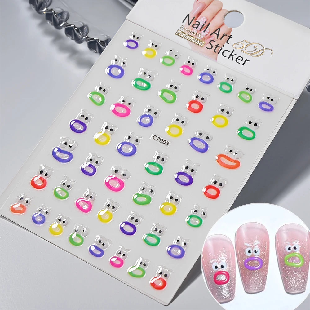 1PCS Summer Eyes 3D Jelly Nail Stickers Sausage Mouth Big Lips Smile Expression Design Self Adhesive Nail Art Stickers