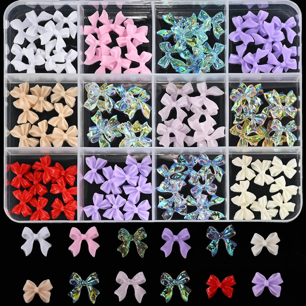 12Grid/Box Mixed Resin Bowknot Nail Charms 3D Colorful Bow Kawaii Rhinestone Nail Art Decorations DIY Manicure Parts Pen Tweezer