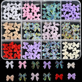 12Grid/Box Mixed Resin Bowknot Nail Charms 3D Colorful Bow Kawaii Rhinestone Nail Art Decorations DIY Manicure Parts Pen Tweezer