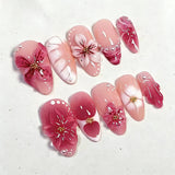 24Pcs Mid-length Gilded Almond Nails Set Press on 3D Flower Gradient Pink Full Cover False Nails Tips Pearl Reusable Fake Nails