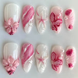 24Pcs Mid-length Gilded Almond Nails Set Press on 3D Flower Gradient Pink Full Cover False Nails Tips Pearl Reusable Fake Nails
