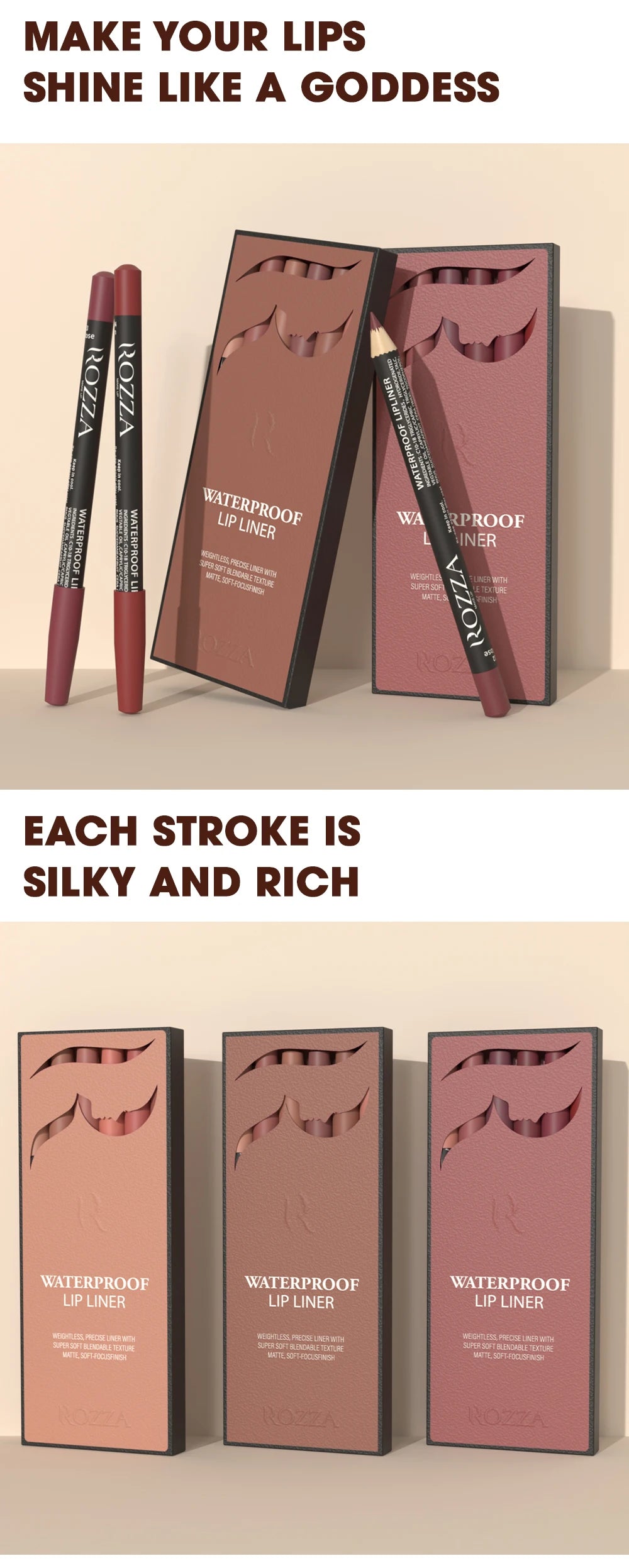 Rozza Waterproof Lip Liner Pencil Set, Weightless Precise Liner with Super Soft Blendable Texture Matte Soft