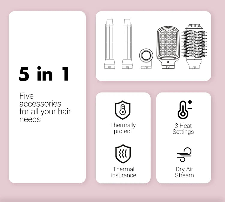 Hair dryer brush detachable 5-in-1 styling and drying system, fast drying, curl smoothing and styling, automatic curling iron