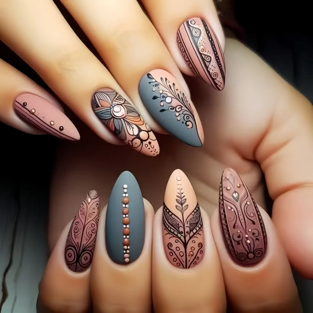 24Pcs Autumn Winter Matte Almond False Nails with Glue Rose Leaf Printing Nail Art Simple Full Cover Press on Acrylic Nails Tips