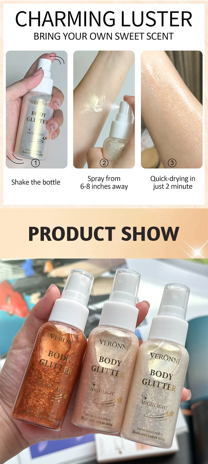 Body Highlighter Spray–Quick-Dry Non-Sticky Shimmer Mist, Fine Glitter for Hair & Skin,Water-Resistant Long-Lasting Summer Glow