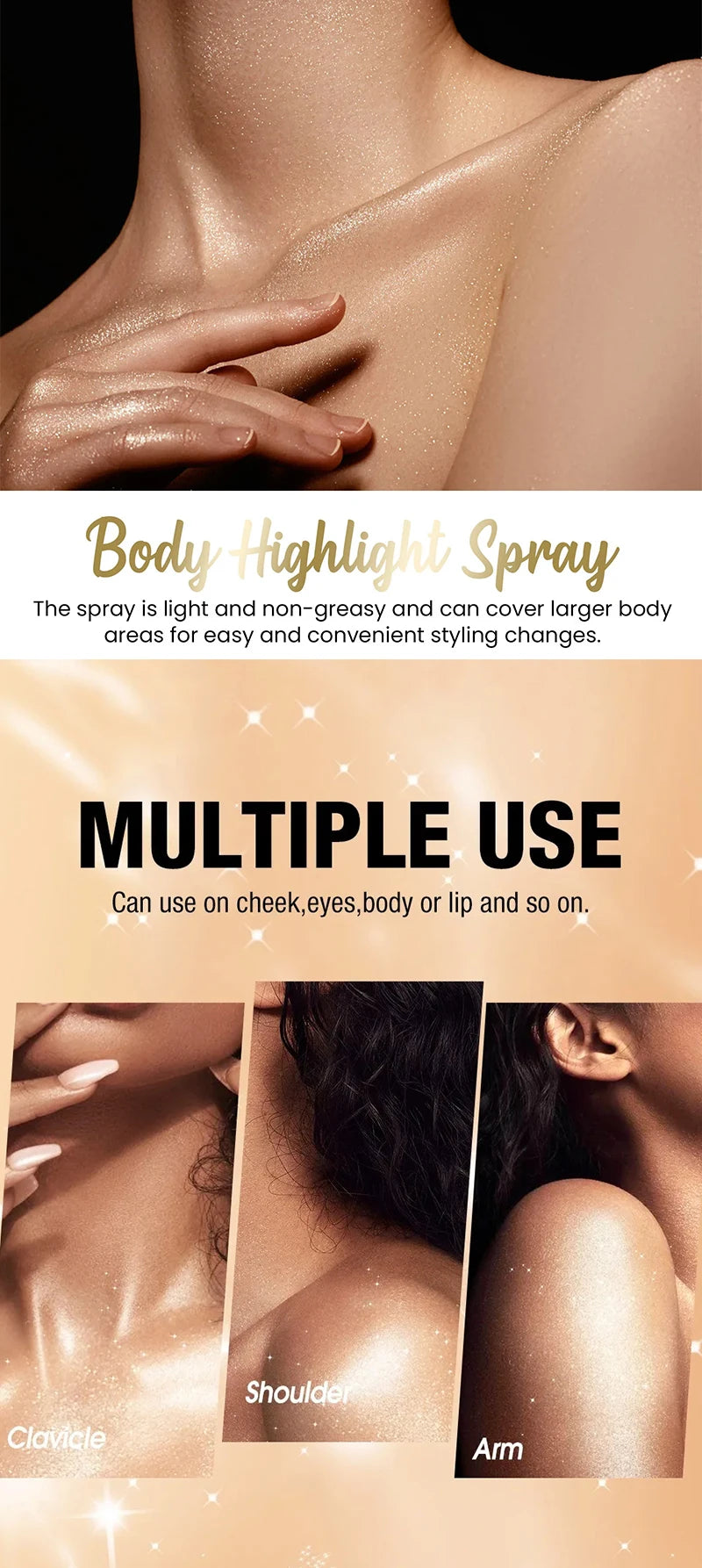 Body Highlighter Spray–Quick-Dry Non-Sticky Shimmer Mist, Fine Glitter for Hair & Skin,Water-Resistant Long-Lasting Summer Glow