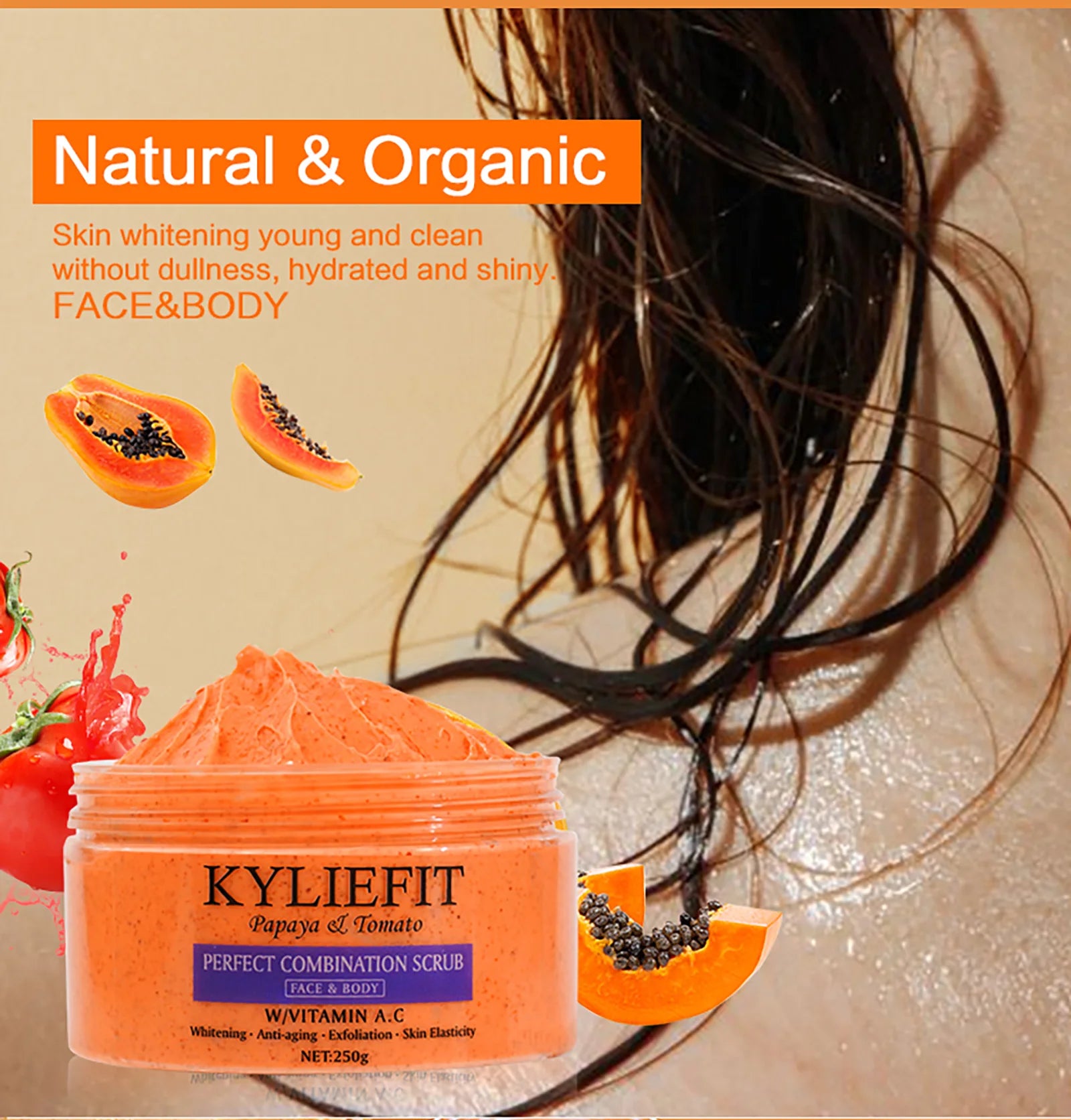 Papaya And Tomato Combination Scrub, Reduce Spots, Whitening, Exfoliating, Moisturizing, Smooth Skin, For Face And Body, 250g