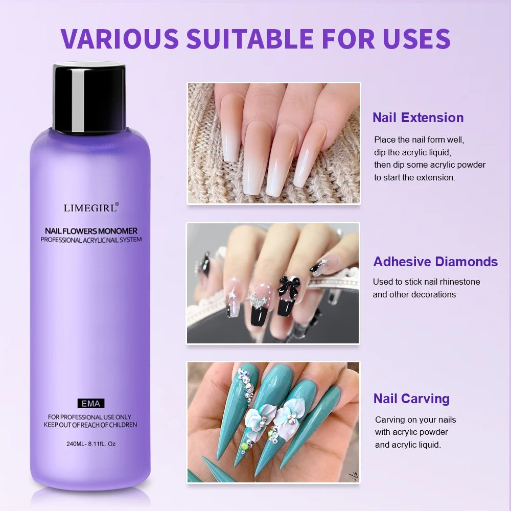 LIMEGIRL Nail Acrylic Liquid Monomer Crystal 40ml/75ml/120ml/240ml for Nail Art Acrylic Powder Extension Professional Manicure