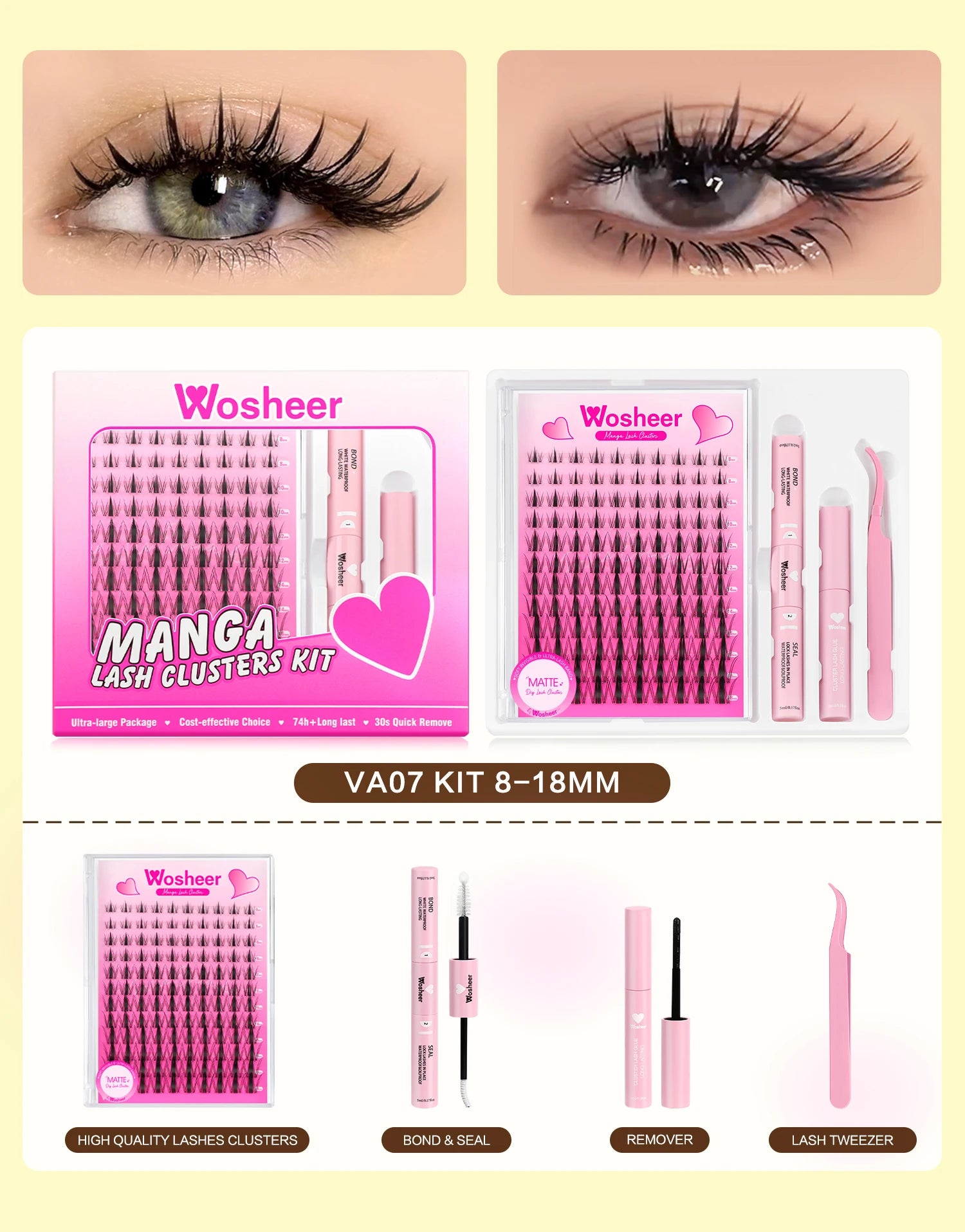 WOSHEER Eyelash Clusters Kit Thick Individual Lashes Lash Bond And Seal And Remover Faux Mink Lashes Eyelash Extension DIY