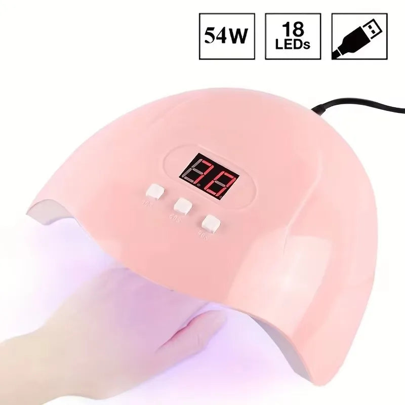 Professional Nail Art Kit with 54W UV Lamp Glue Dryer Polisher Dead Skin Remover Finger Separator Manicure Pedicure Home Use