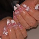 24pcs White Flower Fake Nail Tips Ins Yellow Pink Blush False Nails Wearable Full Cover European Almond Shaped Press on Nails