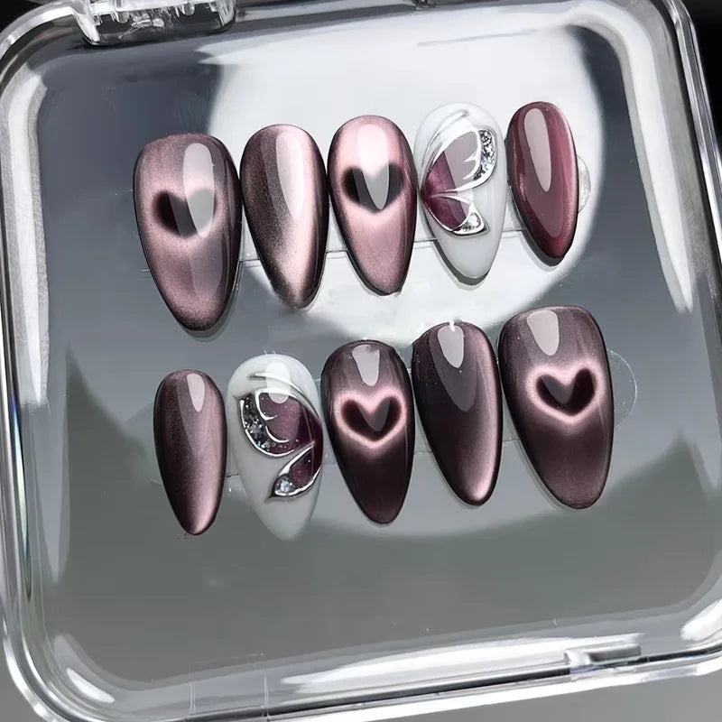 24pcs Wearable Press on Nails Strawberry Bow Design Nails Tips Red Short Almond Pearl Starlight Fake Nail Art Flower False Nails