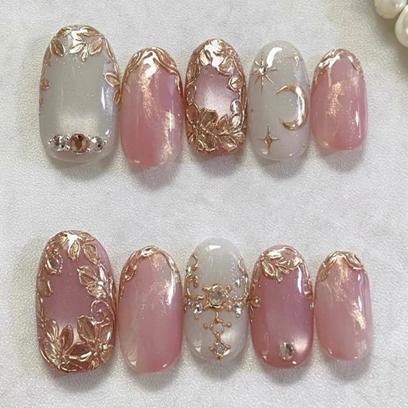 24Pcs Autumn Winter Matte Almond False Nails with Glue Rose Leaf Printing Nail Art Simple Full Cover Press on Acrylic Nails Tips