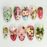 24pcs Wearable Press on Nails Strawberry Bow Design Nails Tips Red Short Almond Pearl Starlight Fake Nail Art Flower False Nails