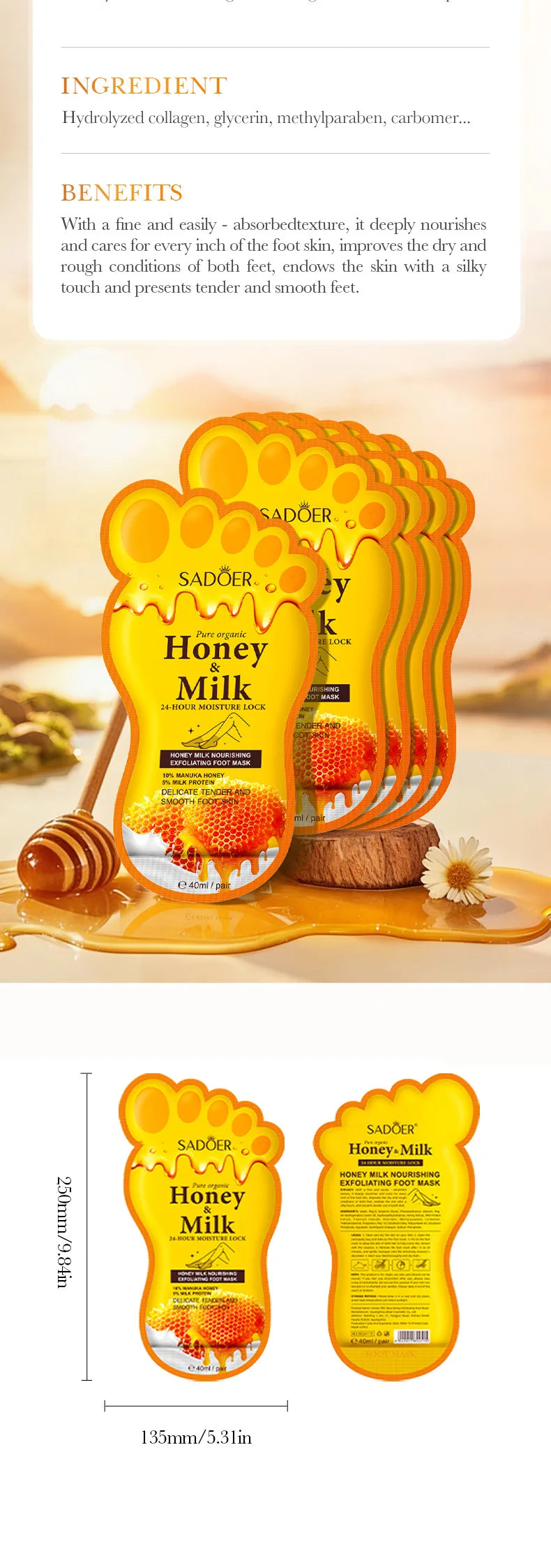 5 Pairs SADOER Honey Milk Nourishing Exfoliating Foot Mask Improves Rough Skin Smooths And Delicately Tenders Feet Skin Care