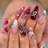 24pcs Wearable Press on Nails Strawberry Bow Design Nails Tips Red Short Almond Pearl Starlight Fake Nail Art Flower False Nails