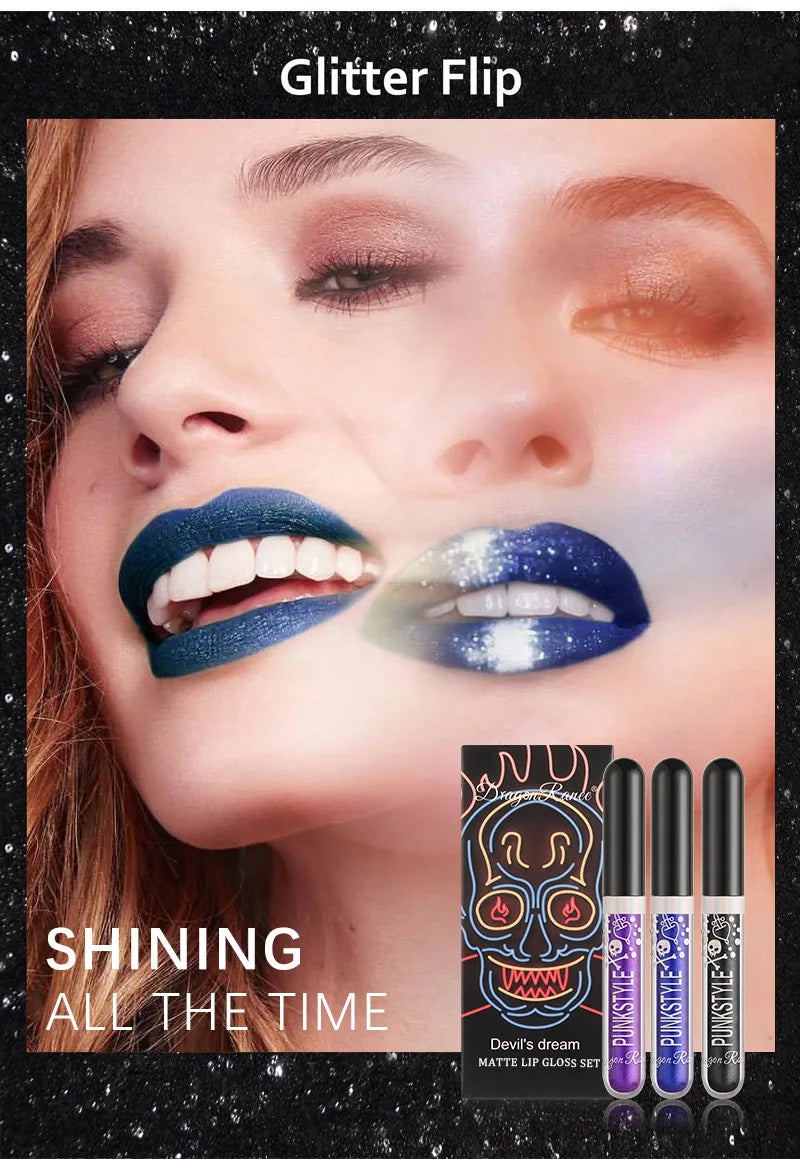 Halloween Lip Gloss Set Sparkling Purple Black Non Stick Lipstick Trio For Party Makeup Beauty Gift