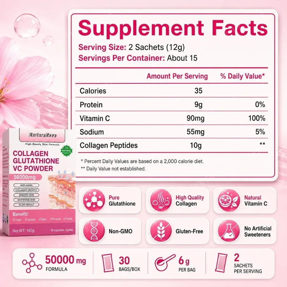 Collagen Peptides Glutathione Vitamin C Powder 30 Sachets, Marine Collagen Drink Mix for Beauty Wellness Support Adults 180g