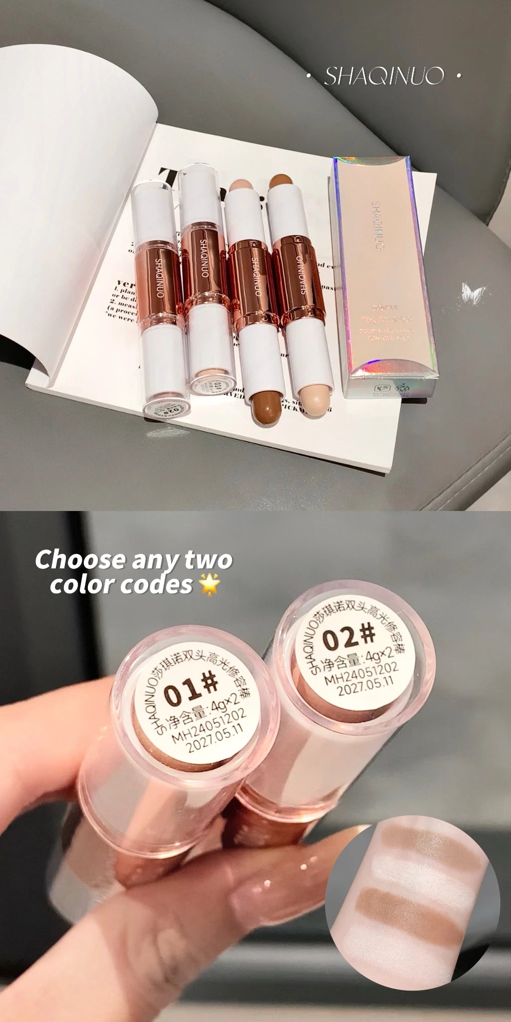 SHAQINUO 2 in 1 Dual Head Highlighter for Face & Body Contour and Highlighter Stick for Face and Body