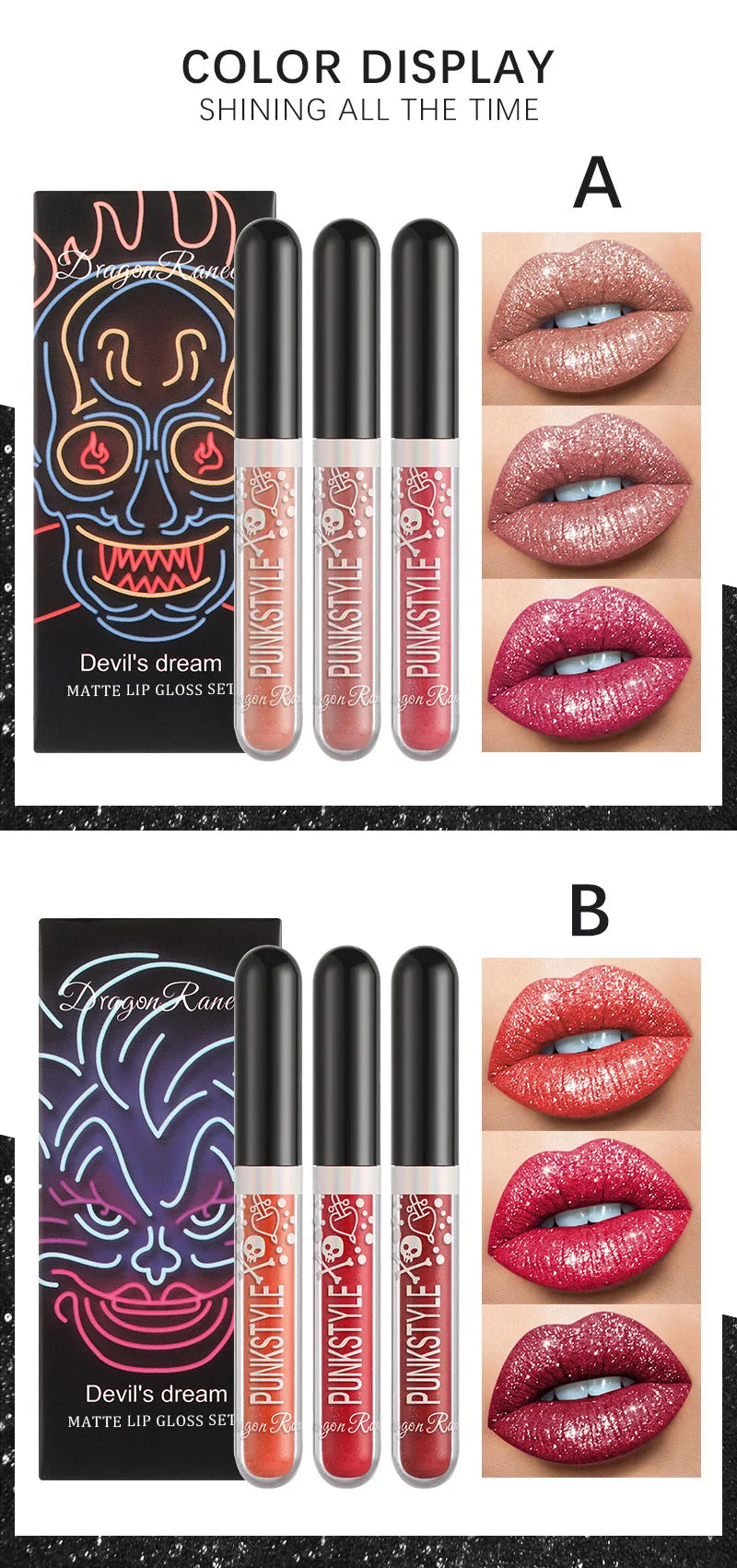 Halloween Lip Gloss Set Sparkling Purple Black Non Stick Lipstick Trio For Party Makeup Beauty Gift