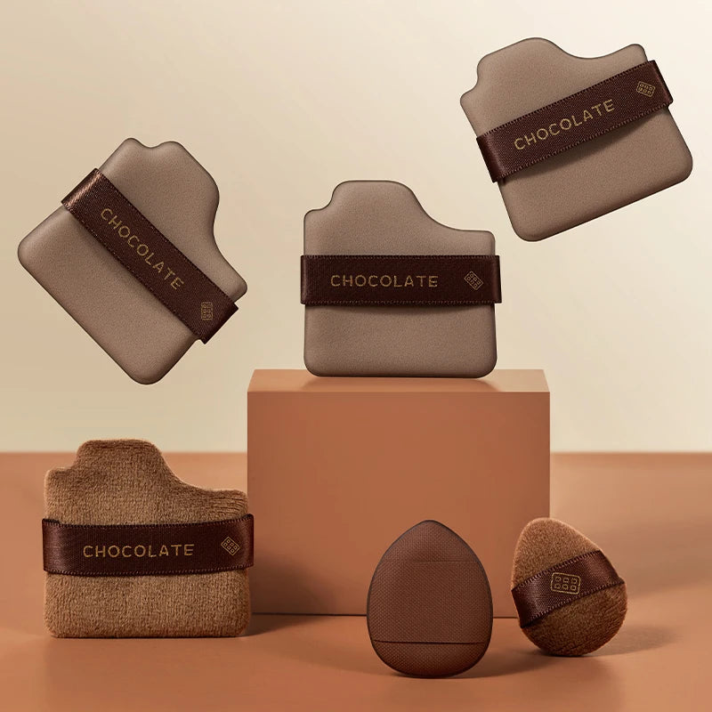 GECOMO 6 PCS Chocolate Powder Puff Set, Wet And Dry Sponge, Soft Leather Flocking Makeup Cushion