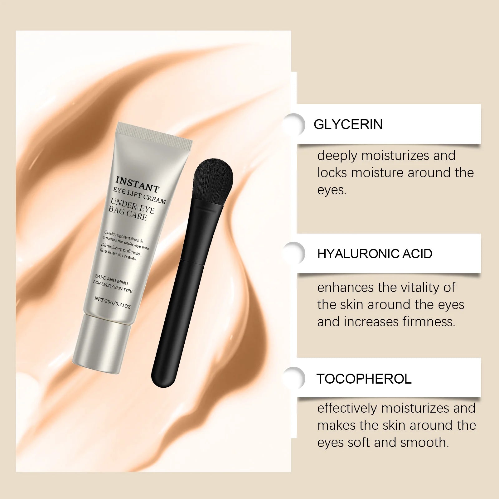 Instant Eye Care Cream With Brush Lasting Moisturizing Firming Smoothing Fine Lines Anti-Aging Eye Bag Removal Skin Care