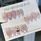 24PCS Medium Almond Press On Nails Wine Red Cute Cartoon Rabbit Bowknot Plaid Pearl False Nails Kawaii Nails Full Cover Wearable