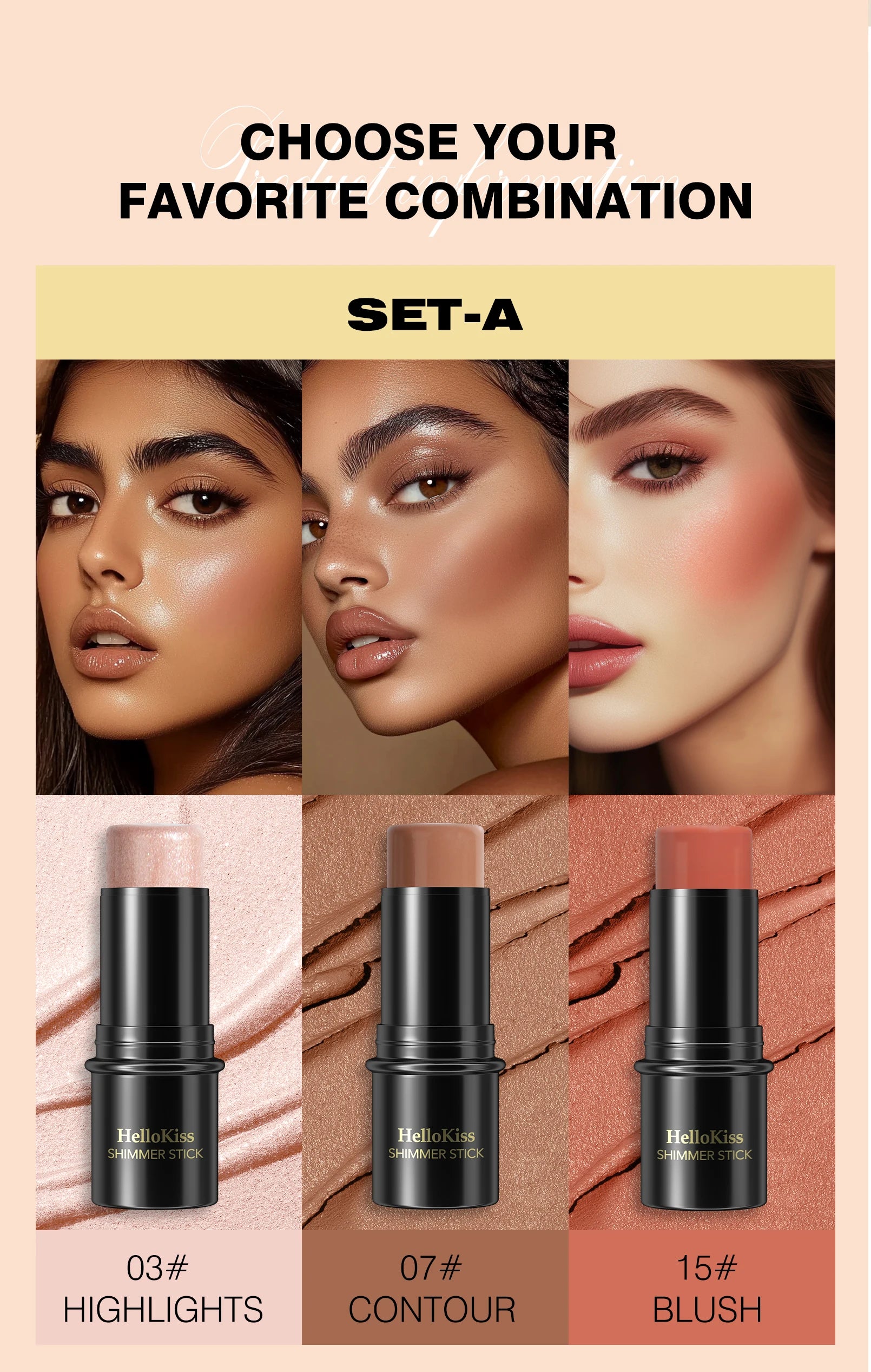 1 Set of 3 Contouring Sticks, Highlighter Stick, Blush Stick, 3-Piece Cream Contouring Set, Create Facial Contours, Non-Greasy