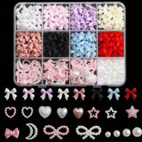 12Grid/Box Mixed Resin Bowknot Nail Charms 3D Colorful Bow Kawaii Rhinestone Nail Art Decorations DIY Manicure Parts Pen Tweezer
