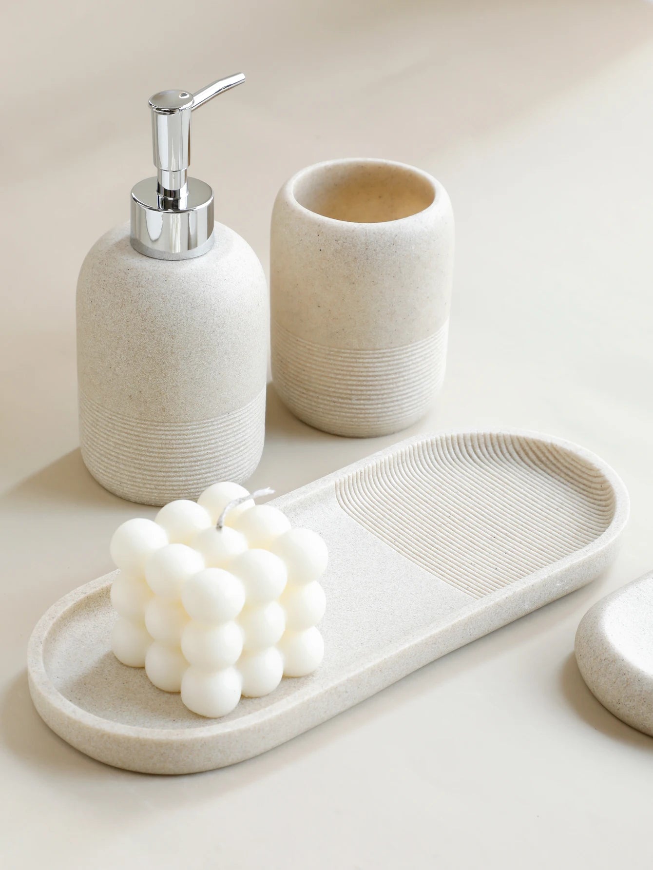 5Pcs athroom Accessories set  Lotion Dispenser Toothbrush Holder Tray Tumbler Cup Soap Dish Beige and Grey