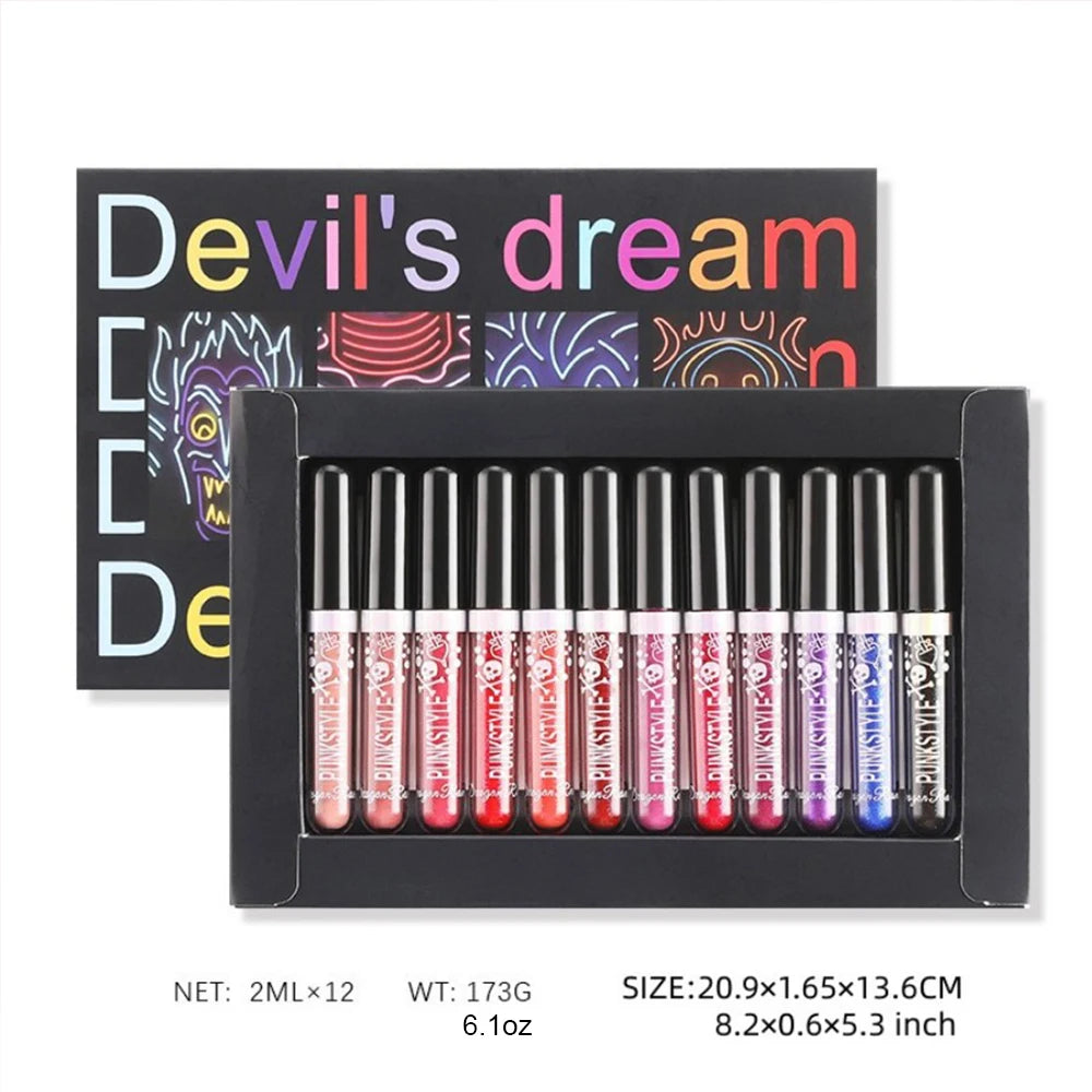 12 Lip Gloss Set Box for Halloween and Christmas Makeup with Pearlescent Shining, Waterproof, Durable, Natural Makeup, Shining,