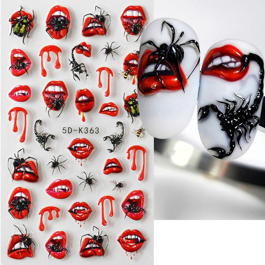 2pcs Halloween Ghost Mummy Blood Nail Stickers Pumpkin Spider Web Lips Bee Design 3D Slider Nail Art Decoration Decals Manicure