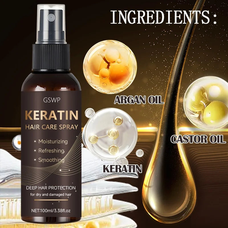 GSWP Keratin Hair Spray contains castor oil and argan oil, quickly absorbed, moisturize hair, leave it non-greasy.100ml