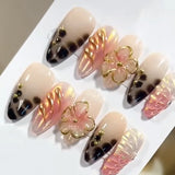 24PCS Pink Almond Press on Nails Full Cover Carved Flower 3D Ripples French Fake Nails for Women with Golden Pearl Wearable Nail