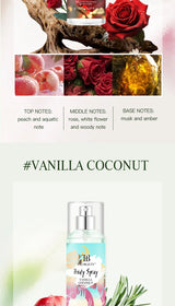 The fragrance spray has a long-lasting, faint floral scent with a fruity note. It is a fragrance body spray without alcohol.