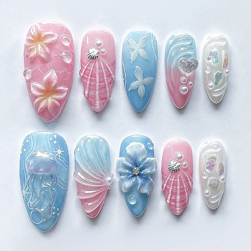 24pcs Wearable Press on Nails Strawberry Bow Design Nails Tips Red Short Almond Pearl Starlight Fake Nail Art Flower False Nails