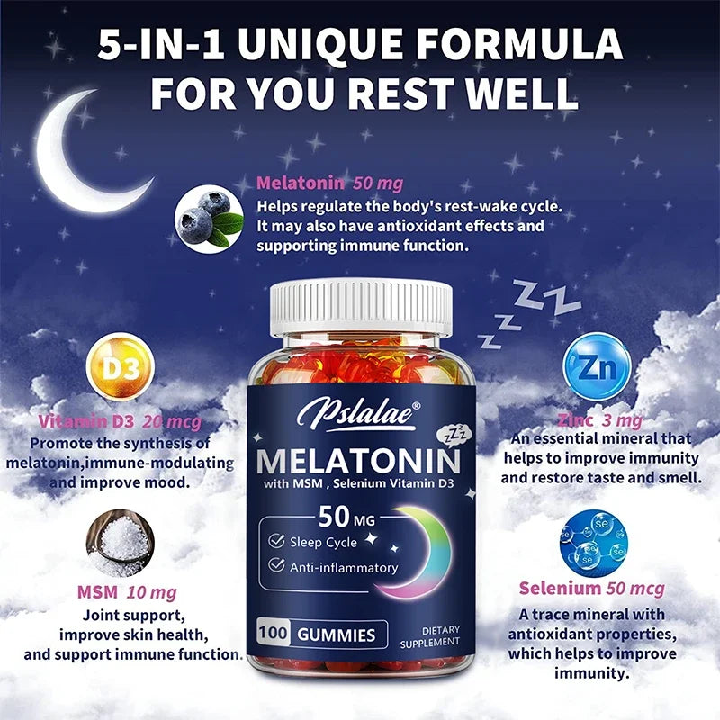 Melatonin Gummies 50mg - Sleep Support, Stress Relief, Improved Sleep Quality, Boosted Energy Production, Increased Vitality