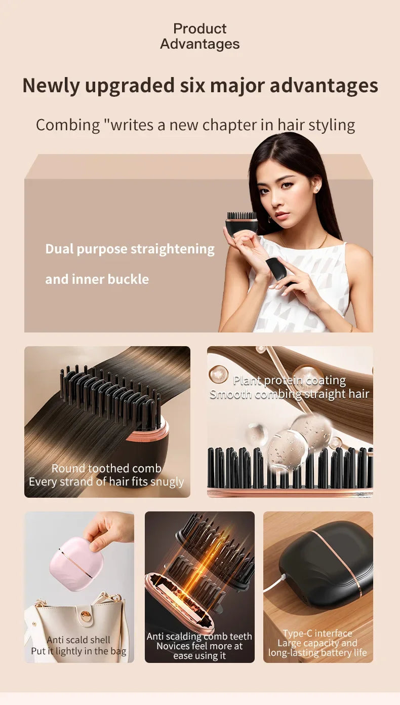 Portable Wireless Straightening Comb Mini USB Rechargeable Hair Straightener Brush Multifunctional Gentle Hair Styling Accessory For Travel Daily Use