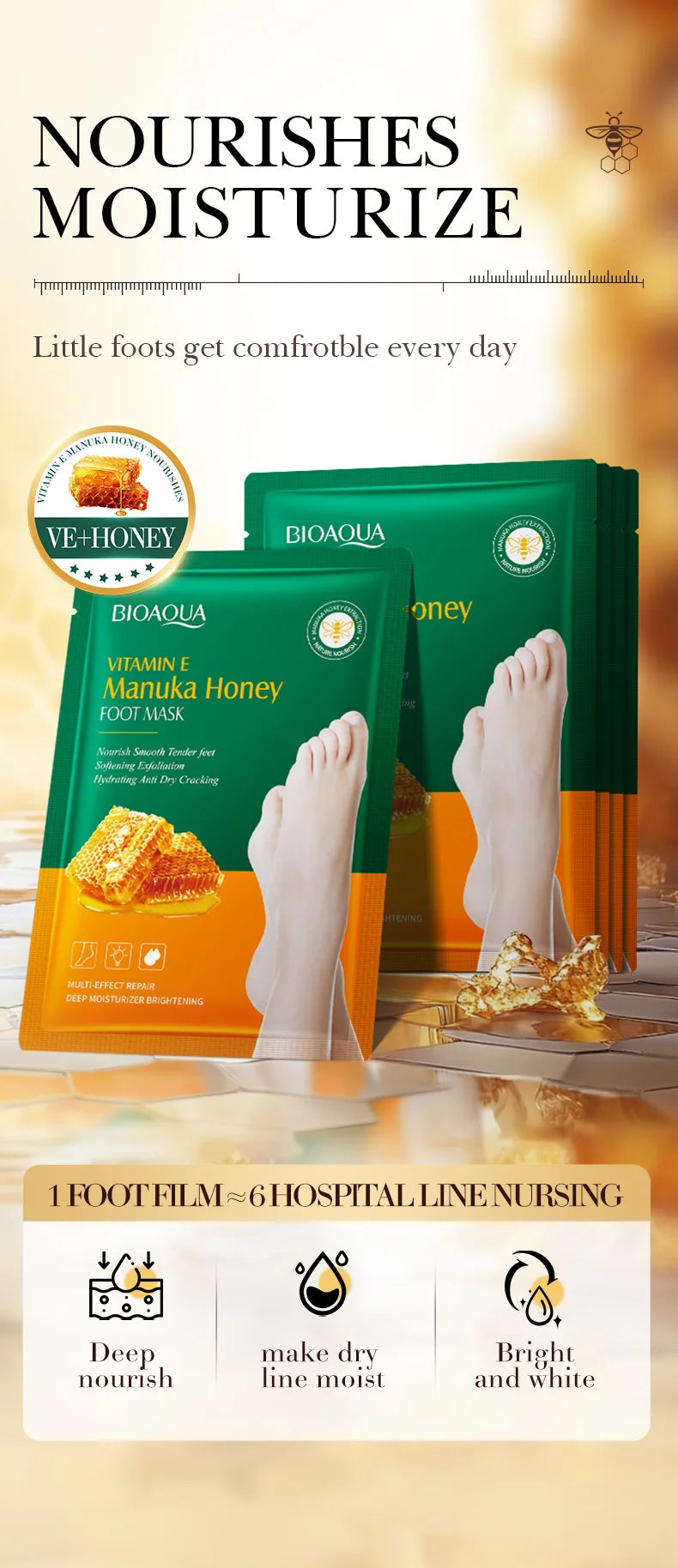 Vitamin E Honey Foot Mask Deeply Nourishes the Feet, Softens Cuticles, Making the Feet Soft, Smooth, Delicate, White, and Shiny.