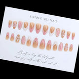 24PCS Pink Almond Press on Nails Full Cover Carved Flower 3D Ripples French Fake Nails for Women with Golden Pearl Wearable Nail