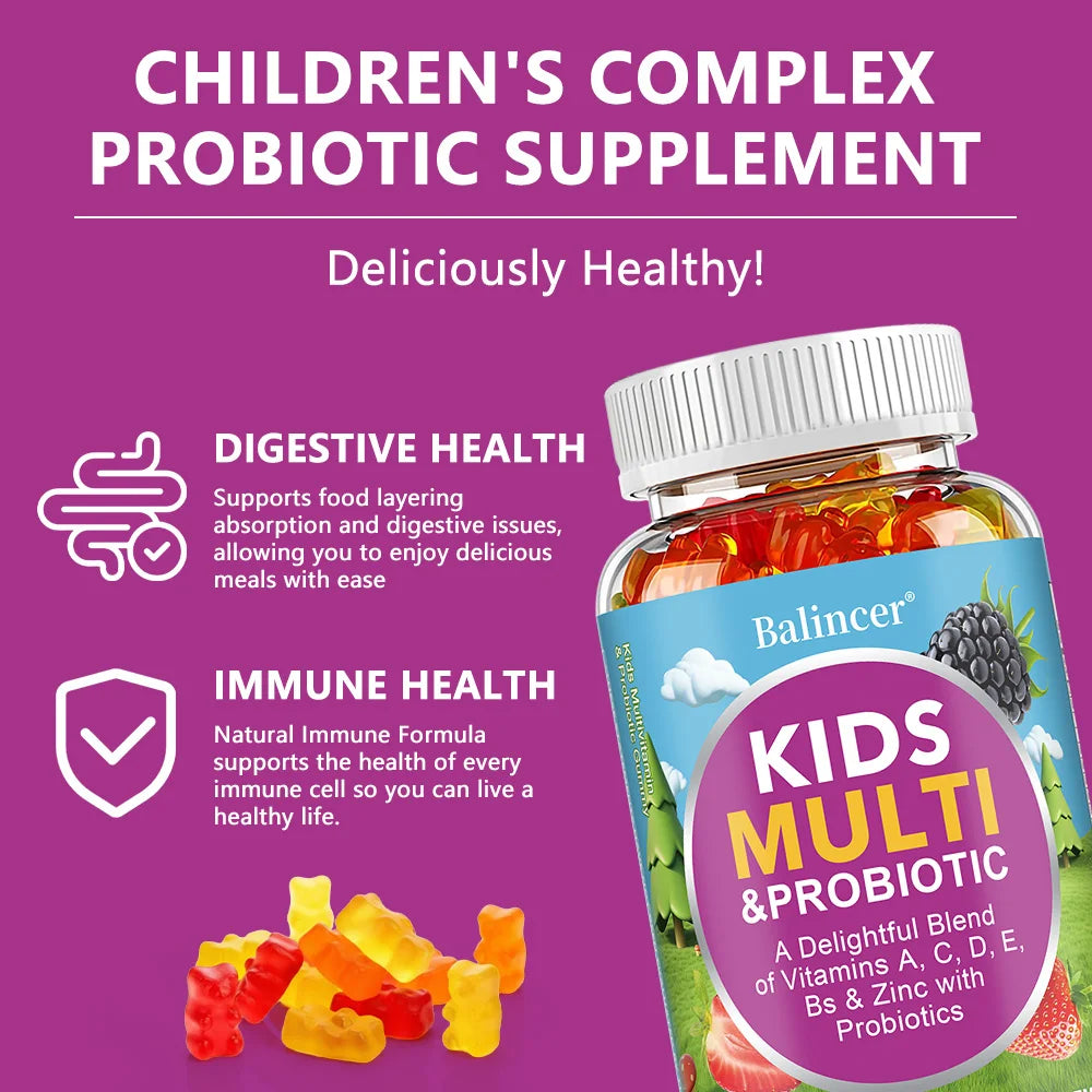 Organic Kids Multivitamin Gummies, with Vitamins A, C, D, E, Zinc, Probiotics, Promotes Digestion and Enhances Immunity