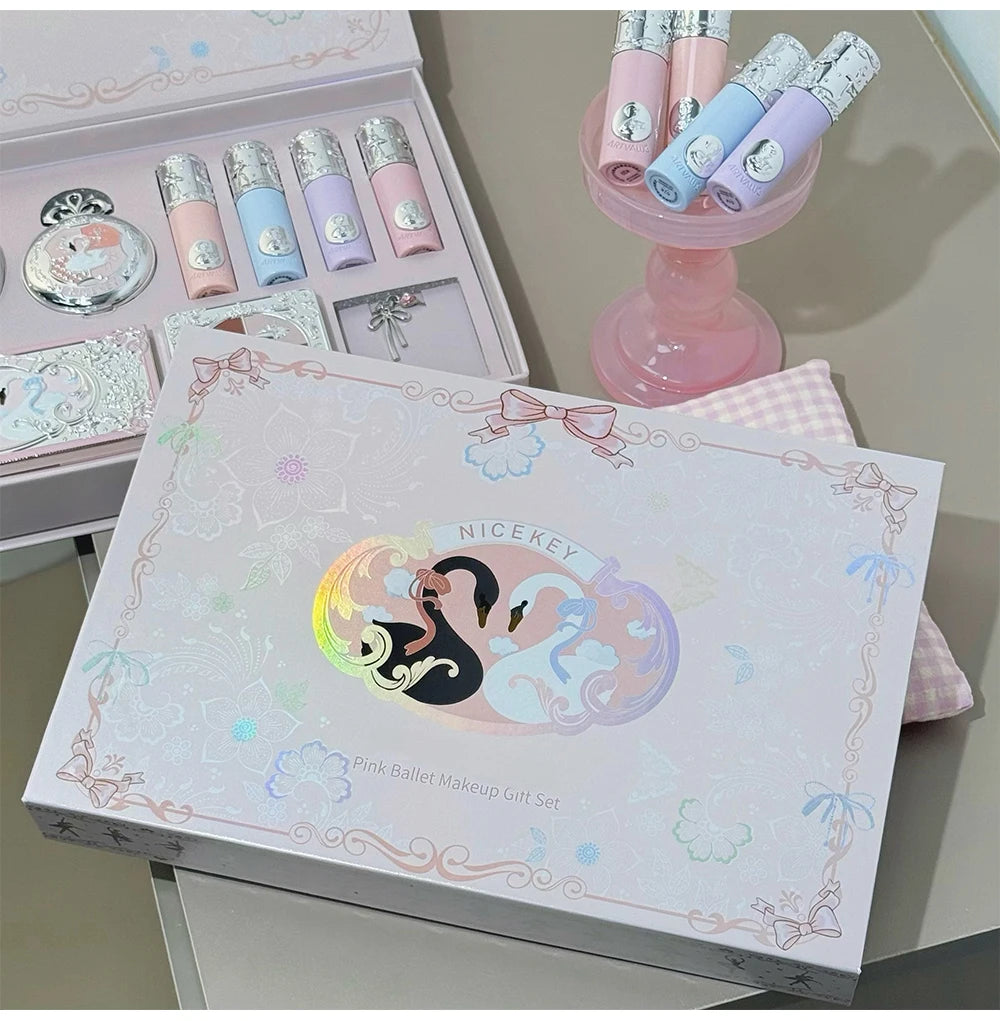 NICEKEY Pink Ballet Makeup Sets Include 4 Lip Mud,1 Blush,1 Pressed Powder,1 Eyes Palette,1 Contour Palette With Necklace Gift