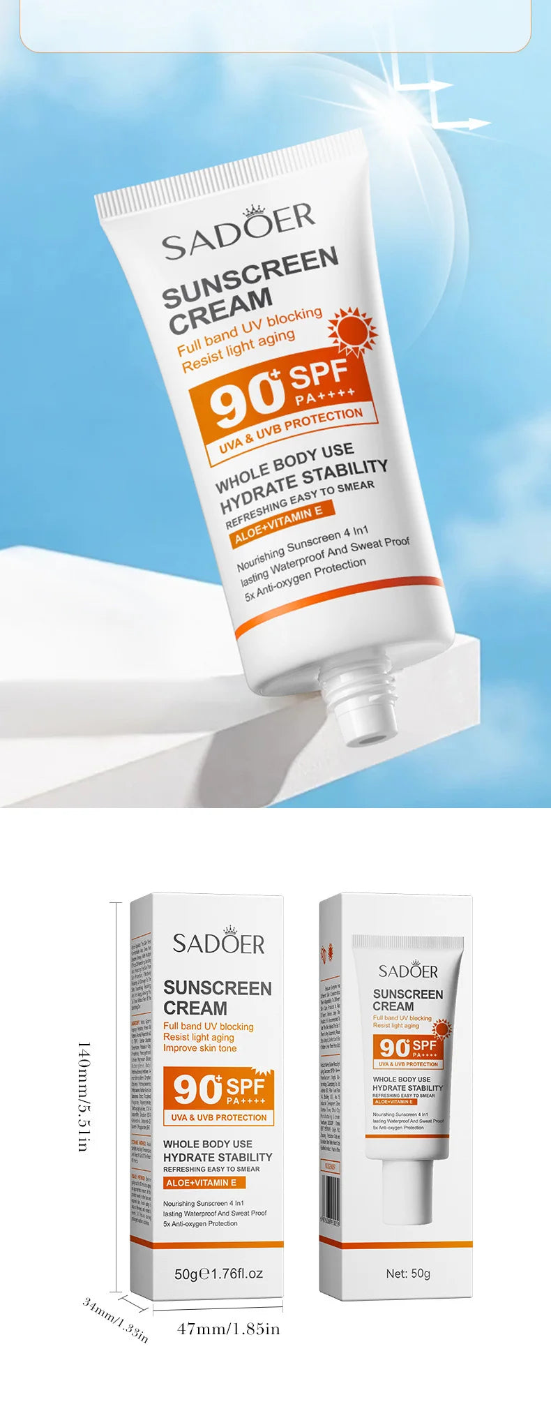 SADOER Spf 90+ Sunscreen For Face Whole Body Use Protector Solar UV Resistant Repairing Solar Blocker Facial Sunscreen