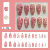 24pcs Flower Print Press on Nails Wine Red Blush Almond False Nail Tips Wearable Reusable Summer Spicy Girl Fake Nails