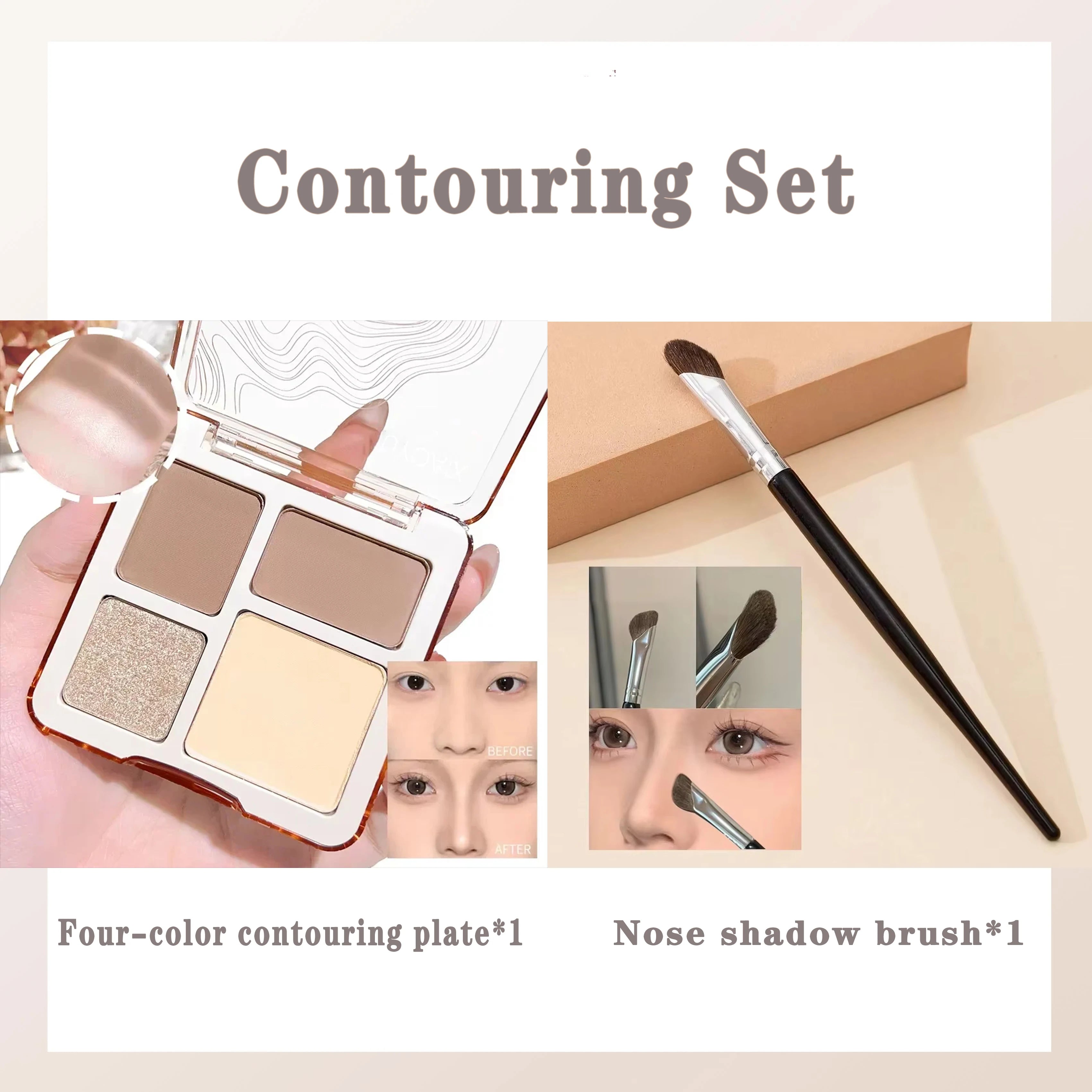 2 pcs Contouring Set - 4 color High-Gloss Contouring，Brightening Matte 3D Nose Shadow Brush，Easy To Color，Gift Set