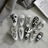 10pcs personalized black and white nail art, rabbit and bow decoration - Gothic minimalist style, suitable for daily wear